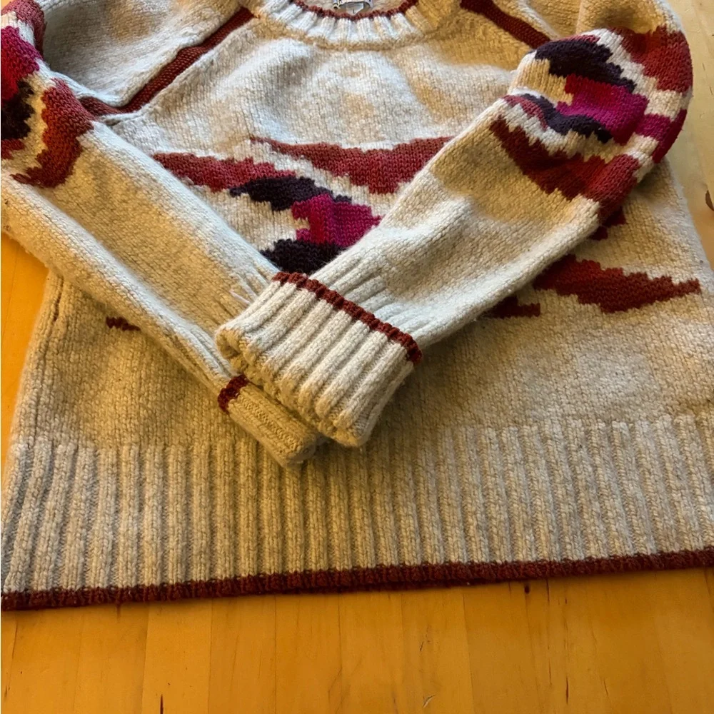 Smartwool Beige Crewneck Sweater with Burgundy & Pink Geometric Pattern - Picture 3 of 4